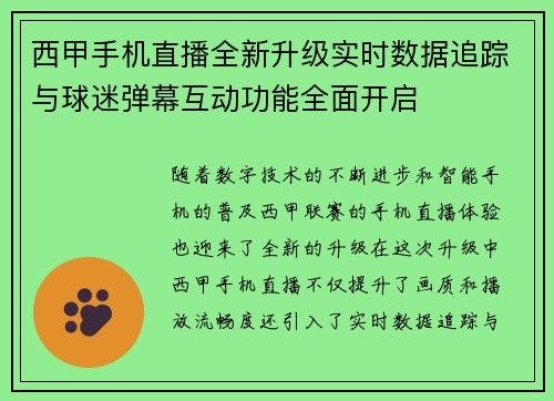 西甲手机直播全新升级实时数据追踪与球迷弹幕互动功能全面开启