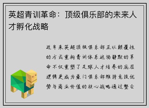 英超青训革命：顶级俱乐部的未来人才孵化战略